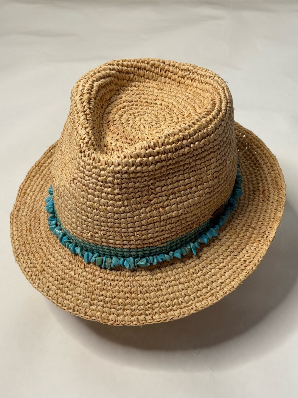 Wallaroo Raffia Tahiti Handwoven Straw Fedora Sun Hat Turquoise Bead Trim